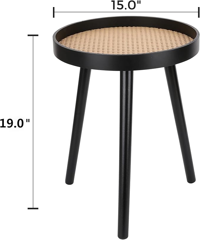 Rattan Round Side Table, Black Small Accent Table, Modern Boho Bedside Mid-Century Patio Side End Tables for Living Room Bedroom Office Balcony