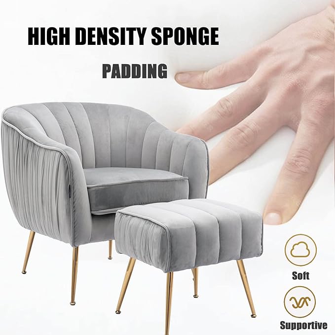 Velvet Accent Chair with Ottoman, Modern Arm Barrel Chair and Ottoman for Living Room Bedroom, Golden Finished, Grey