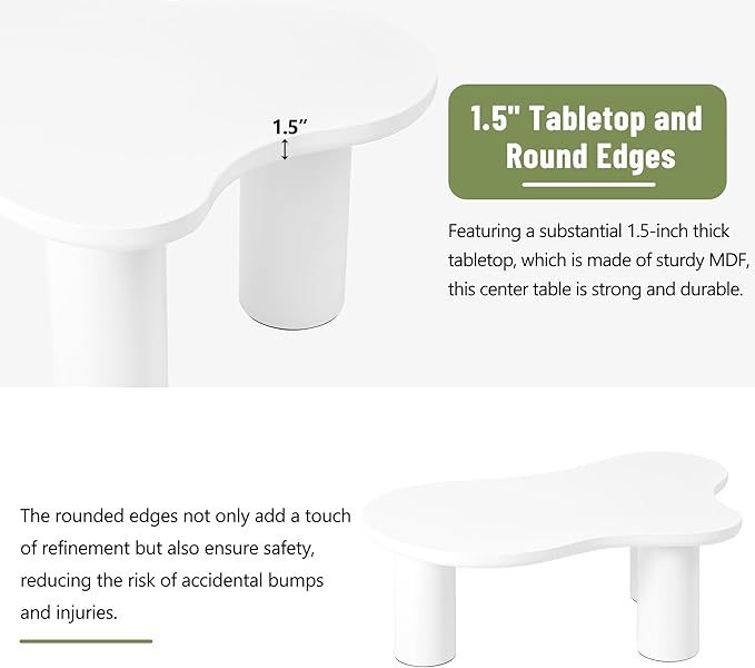GDFStudio 44'' Cloud-Shaped Coffee Table,Minimalist Center Table with 3 Sturdy Legs & 1.5'' Thick Top,Easy Assembly Round Edge Irregular End Table for Living Room, Bedroom,or Patio,White