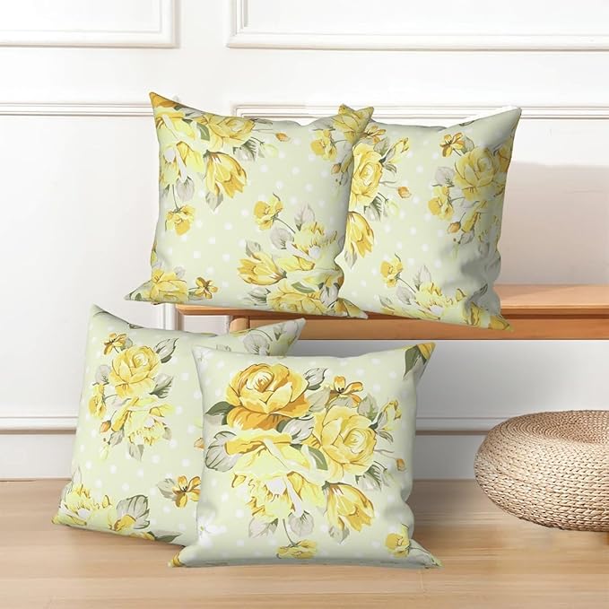 Light Yellow Flower Throw Pillow Covers 22"x22" Set of 4, Vintage Floral Sofa Cushion Cover for Chair Couch Bed Living Room Office Car Garden Patio Farmhouse Indoor Outdoor Decorative