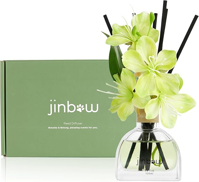 Flower Reed Diffuser Set, Home Fragrance with Vanilla Essential Oil and Scent Sticks, Air Freshener for Bedroom, Living Room, Office or Bathroom Decor 3.4 oz