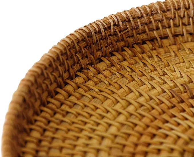 Hand Woven Rattan Serving Basket 9.4 inch - Round Platter for Fruit, Snacks, Appetizers, Bread, Breakfast, BBQs, Parties - Decorative Tray for Living Room, Kitchen, Dining Decor (Medium)