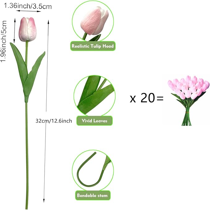 ABAJI 20PCS Tulip Artificial Flowers 12.6inch Real Touch for Wedding Decor Banquet Party Home Hotel Office Decoration Holiday Anniversary Celebration Faux Sterm