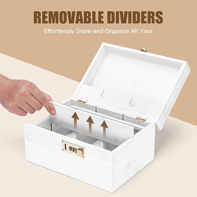 Large bamboo box, locked storage decorative box with combination lock, wooden lock box with lid, wooden locked storage box with removable tray and jars(White)