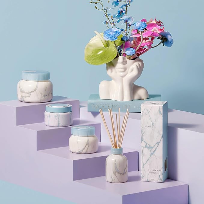Capri Blue Reed Diffuser Set - Modern Marble Oil Diffuser, Sticks & Aroma Oil - Air Freshener for Home Decor - Blue Jean Scents (5.7 fl oz)