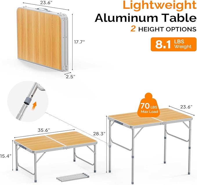 VINGLI 3FT Small Camping Table Adjustable Height Aluminum Folding Table for Picnic Party BBQ, Plastic RV Suitcase Table Portable Lightweight Fold Up Utility Outdoor Tables with Carrying Handle …