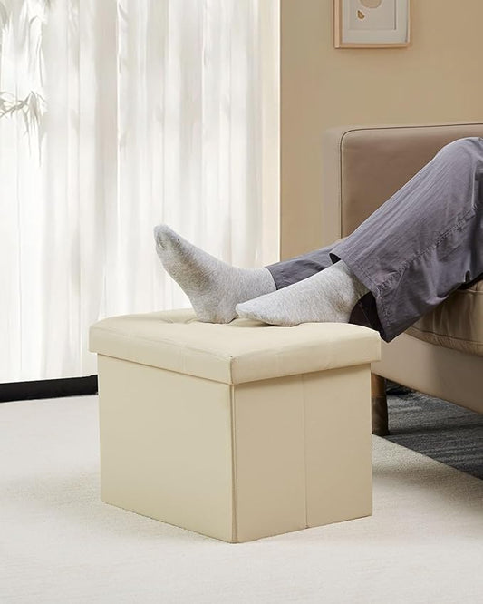 Storage Ottoman, Folding Foot Stool with Thicker Foam Padded Seat Small Leather Storage Ottoman Bench Foot Rest for Living Room Foldable Coffee Table 17x13x13in,Beige