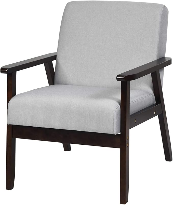 Giantex Mid-Century Modern Accent Chair, Retro Fabric Armchair, Solid Hardwood Made, Upholstered Linen Lounge Arm Chair for Living Room (1, Light Grey)