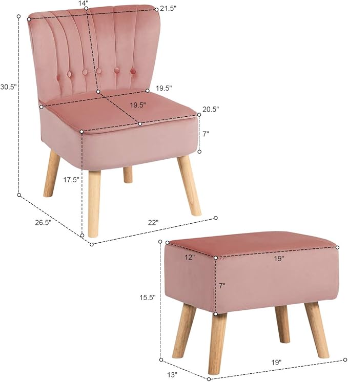 Giantex Modern Accent Chair Ottoman Set, Armless Slipper Sofa Chair with Footstool, Velvet Upholstered, Button Tufted, Single Chair and Ottoman for Living Room/Bedroom/Home Office (Pink)