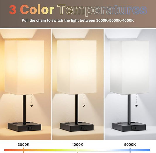 17.4In Tall Table Lamps for Bedroom Set of 2 - 3 Color Bedside Lamps with AC Outlets and USB Ports for Charging, white and Black Square Night Stand light, End DeskLamp for Living Room/Dorm/Office