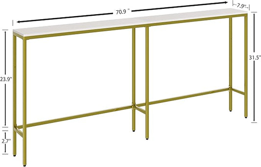 70.9" Console Table,Modern Extra Narrow Long Sofa Table Behind Couch,Skinny Entry Table with Gold Metal Frame for Living Room, Hallway,Classic White