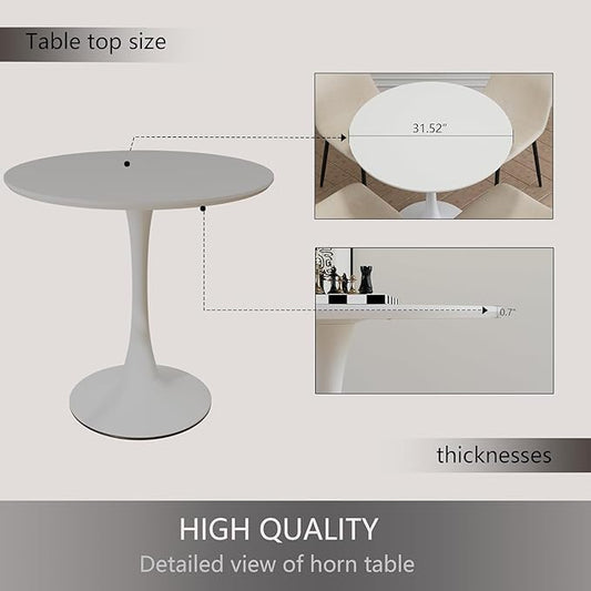Round Dining Table, Modern Tulip Table, 31.5'' Mid-Century Round Leisure Table with Metal Base for 2-4 Person, Suitable for Living Room, Kitchen, Cafe and Home Office(White)