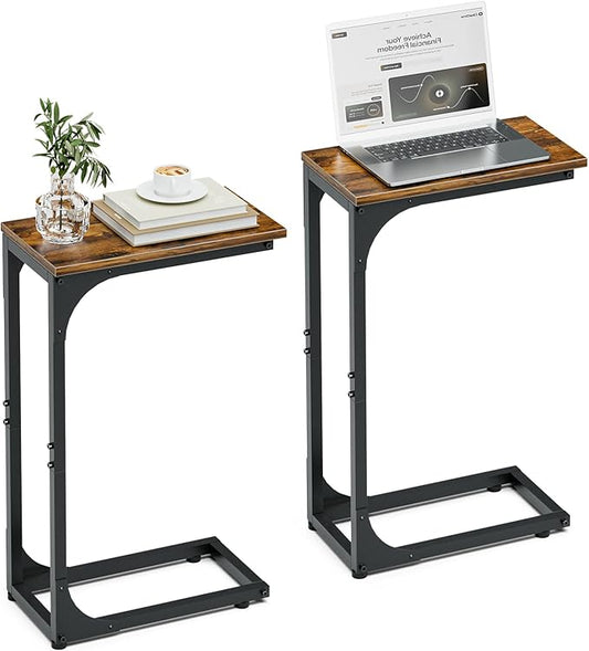 C-Shaped Side Table for Couch - Small Coffee Stand Sofa Tray Desk with Sturdy Metal Frame and Waterproof Scratch Resistant Wood Surface, Rustic Brown