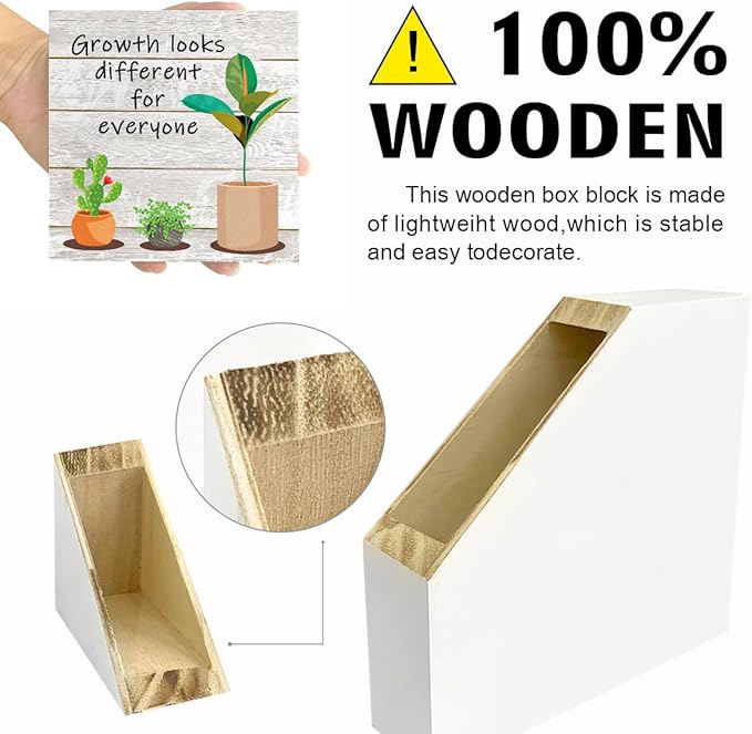 LVQHI Inspirational Wood Block Sign,Growth Looks Different for Everyone Plant Motivational Wooden Block Sign for Home Bedroom Office Desk Table Decor,Inspirational Cheer Up Gift Grain-Grey