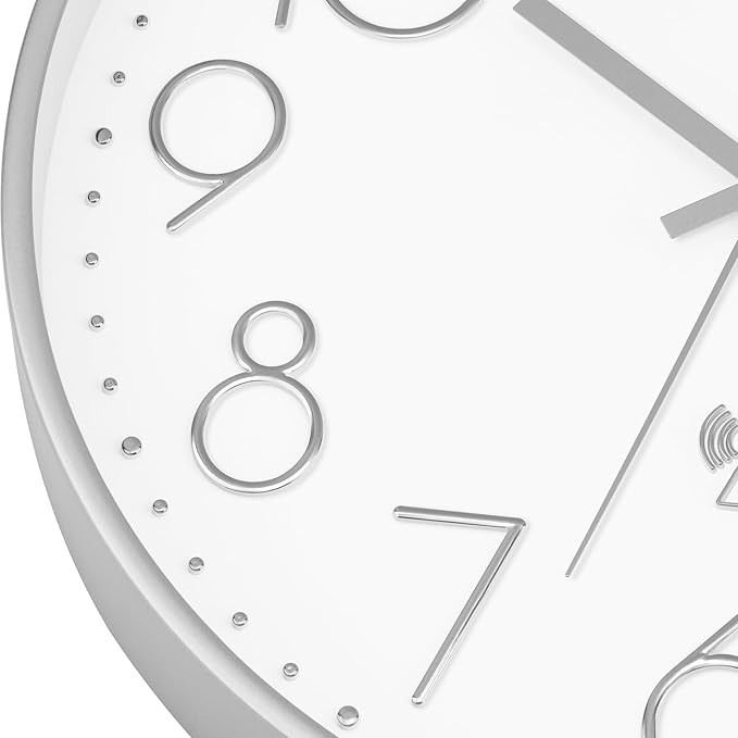 Foxtop Atomic Wall Clock Battery Operated Round Analog Modern Wall Clock Sets Automatically for Office Classroom Bedroom Kitchen Living Room (Silver)