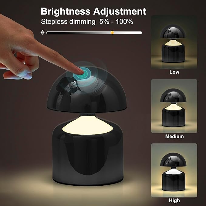 Modern Cordless Mushroom Small Table Lamp Touch LED Lamps, 3-Way Dimmable Bedside Nightstand Lamp Mini Rechargeable Night Light for Bedroom, Living Room
