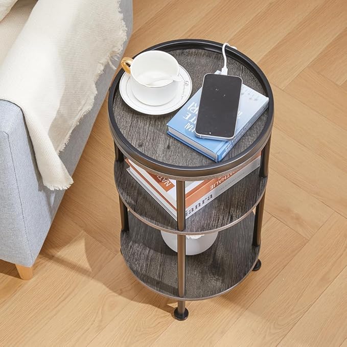 Small Round Side Table with Charging Station for Small Spaces, 3-Tier Accent Table with USB Ports & Power Outlets, Sofa Corner Tea Table for Living Room Nightstand Bedroom Apartment (Grey)