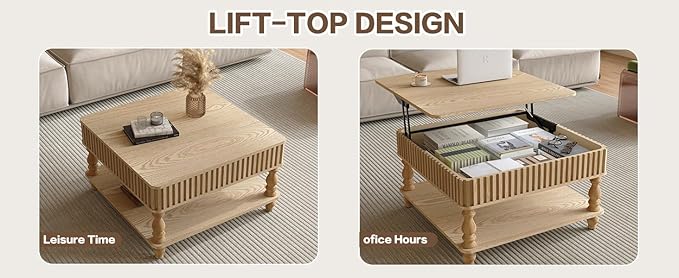 31.5" Lift Top Fluted Coffee Table with Hidden & Open Storage, Modern Square Wooden Center Table Cocktail Tea Table with Curved Safety Corners and Adjustable Height for Living Room, Natural