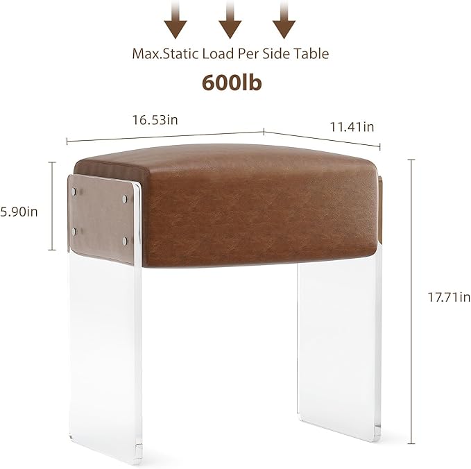 Leather Vanity Stool Chair, Modern Ottoman and Foot Rest with Leather and Acrylic Leg for Makeup Room, Living Room, Bedroom, Brown