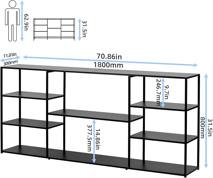 71 Inch Metal Console Table with 8 Storage Shelves,Extra Long Entryway Table,Narrow Sofa Table,Hallway Table for Entrances to Corridor, Foyer,Living Room (Black, 70.87×11.81×31.5)