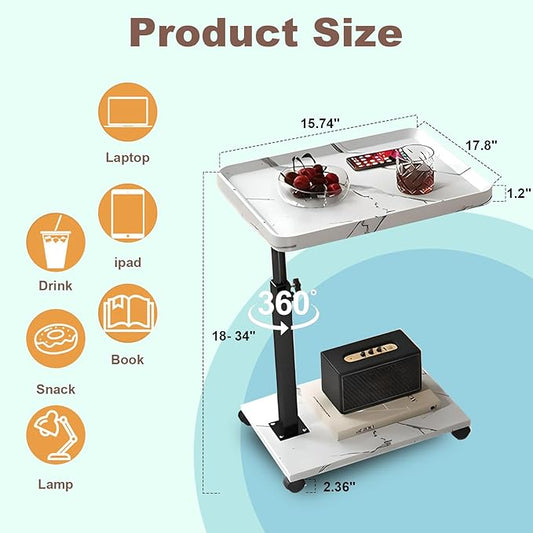 Gets Adjustable Height Sofa Tray Table for Couch,360°Swivel TV Tray for Small Spaces,C Table End Table with Wheels for Eating, Livingroom, Bedroom, Sofa-Marble White,15.8" X 11.8" X 31.5"