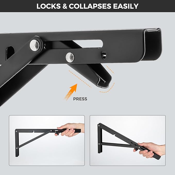 JOY DECOR 6 Inch Heavy Duty Folding Shelf Brackets, 2 Pack (1 Pair) Collapsible Wall Mounted Brackets for Fold Down Table, Stainless Steel Folding Table Hinge, Matte Black
