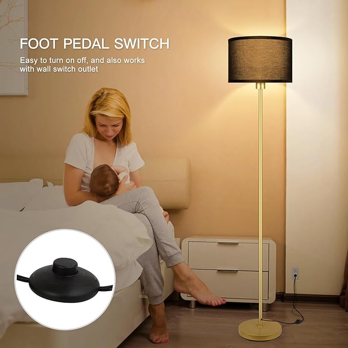 Floor Lamp, Black Standing Lamp, 58" Tall Lamps for Living Room, Simple Pole Lamp with Black Lampshade, On/Off Foot Pedal, Bright Dimming Light for Kids Room Bedroom Office Decor - Gold(No Bulb)