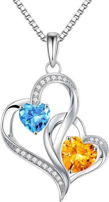 Iefil Christmas Gifts for Women - Double Heart Birthstone Necklace, 925 Sterling Silver Heart Pendant Necklace, Anniversary Birthday Gifts for Women | Personalized Jewelry Gift for Wife Mom Girlfriend