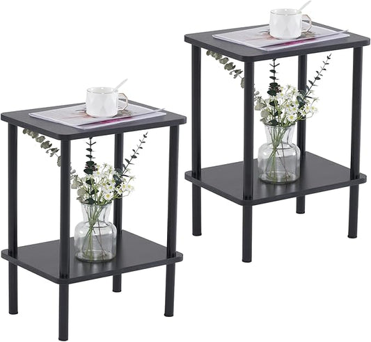 Apicizon 2 Tier End Table Set of 2, Small Side Table with Solid Wood Legs, Boho Bedside Table with Storage Shelf, Nightstand for Small Spaces, Bedroom, Living Room, Entryway, Easy Assembly, Black