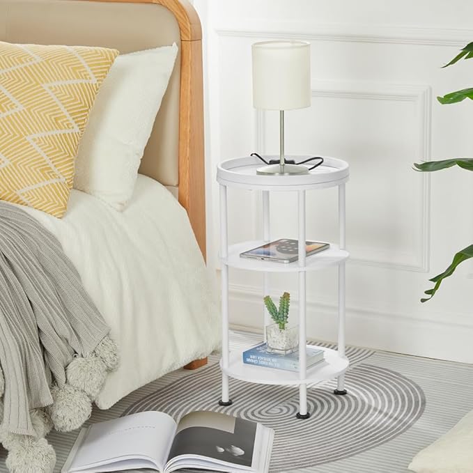 Small White Side Table, Round End Table with Wood Grain Texture, 3-Tier Farmhouse Nightstand for Bedroom & Living Room, 21.7" H Cute Accent Table for Nursery, Bathroom, Small Spaces (Classic, White)