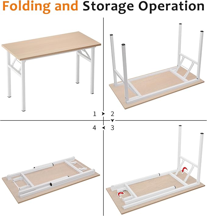 Need Folding Desk for Home Office 39-3/8'' Length Modern Folding Table Computer Desk No Install Needed Pink Oak Color Desktop White Frame, AC5AW(10060)