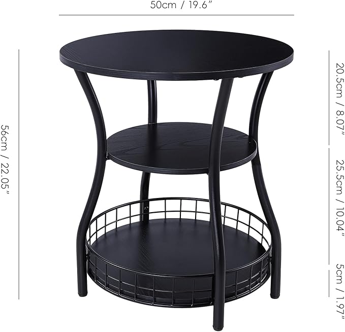 Round Side Table, 3-Tier Accent End Table with Storage Shelf, Corner Sofa Beside Table for Small Spaces,Nightstand with Metal Frame for Living Room, Bedroom (Black)