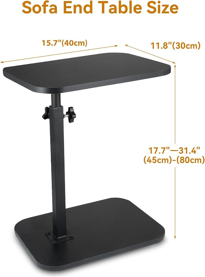 C Shaped End Table for Couch Sofa, 360° Swivel Height Adjustable TV Tray for Small Spaces,Livingroom Bedroom College Dorm Hospital (Black)