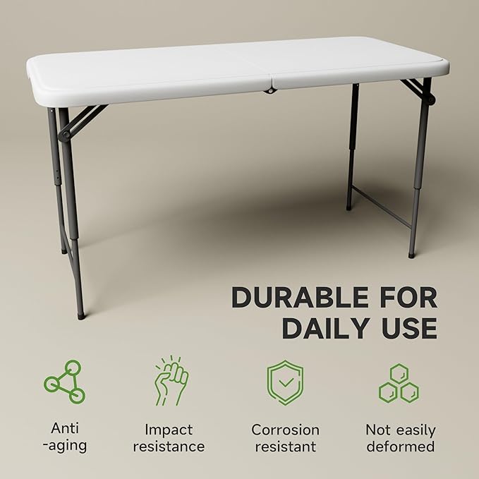 Folding Table 4 Foot - 3-Position Adjustable Height, Heavy Duty 400 lbs Capacity - Portable Tables Folding for Camping, Party, Indoor & Outdoor Use, 10 Pack