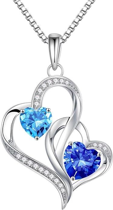 Iefil Christmas Gifts for Women - Double Heart Birthstone Necklace, 925 Sterling Silver Heart Pendant Necklace, Anniversary Birthday Gifts for Women | Personalized Jewelry Gift for Wife Mom Girlfriend