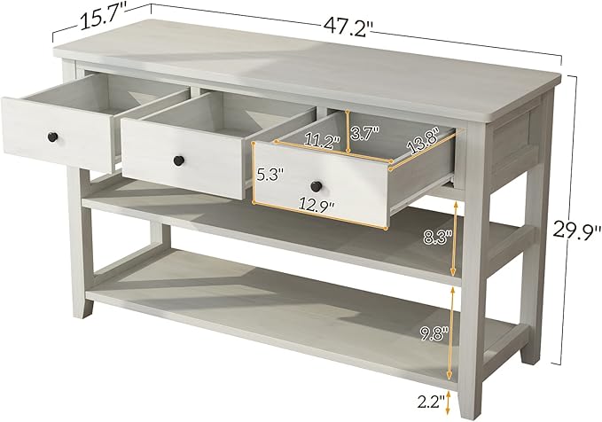Karl home Console Table Entryway Desk, Sofa Side Table with 3 Drawers 2 Bottom Storage Shelves, Vintage TV Stand for Hallway Living Room Office, Antique White 29.9" H