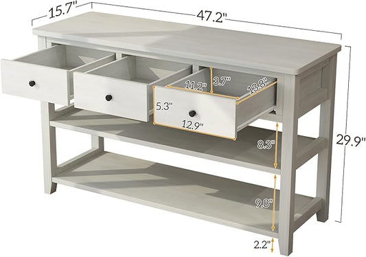 Karl home Console Table Entryway Desk, Sofa Side Table with 3 Drawers 2 Bottom Storage Shelves, Vintage TV Stand for Hallway Living Room Office, Antique White 29.9" H