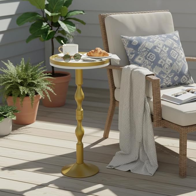 Small Round Drink Table,Pedestal Tables,Small Round Side Table for Narrow Spaces,End Table for Living Room, Bedroom, Bathroom,Balcony (White Gold)