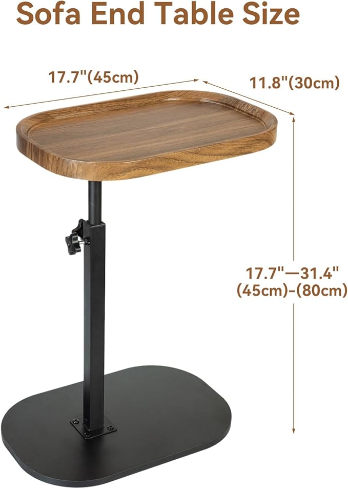 C Shaped End Table for Couch, Sofa Armrest Tray Table with Adjustable Height, 360° Swivel Sofa Bed Bathroom TV Tray for Living Room,Bed Side, Bedroom,Study and Small Spaces(Walnut Color)