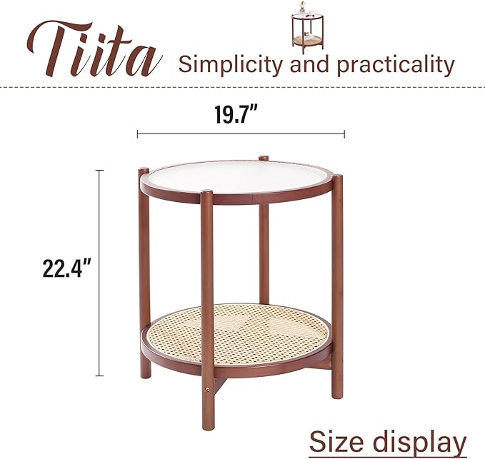 Tiita Rattan Nightstand Side Table, Bamboo Accent Bedside Tables, Glass Coffee Tables, Boho Wooden End Table with Storage for Small Space, Living Room and Bedroom