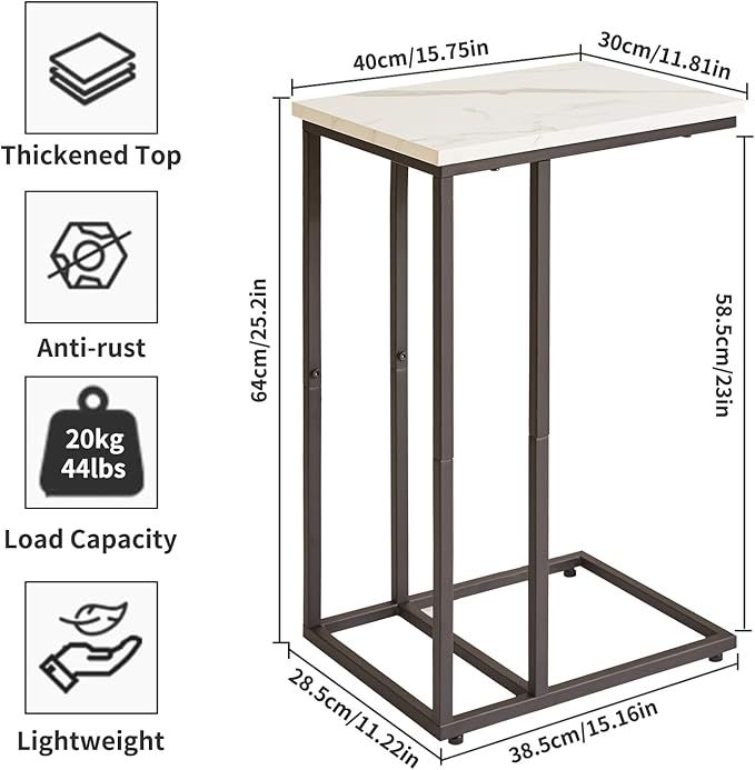 Side Table Small End Table C Shaped, Slide Under Laptop Desk for Couch, Living Room Side Table, TV Trays for Eating on Couch, Faux Marble+Black YD-TM051B
