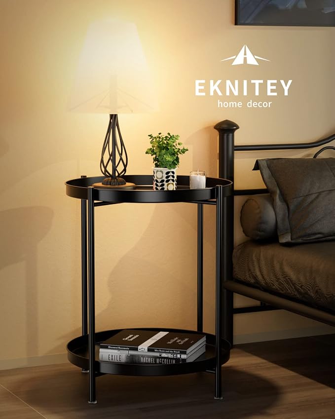 EKNITEY 2 Tier End Table - Metal Side Table Waterproof Small Sofa Coffee Side Tables Bedroom Indoor Outdoor with Removable Tray for Living Room Bedroom Balcony and Office (Black)