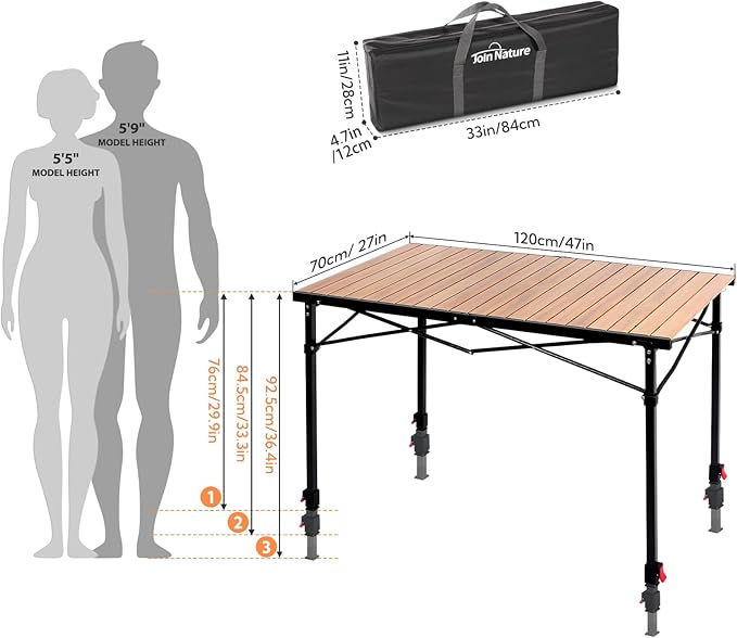 Portable Outdoor Adjustable Height Camping Table, Large for 2-6 Person, Foldable Roll-up Aluminum Camp Table with Carry Bag for Picnic, Camp, Sturdy, Stable, Loads 220 Lbs