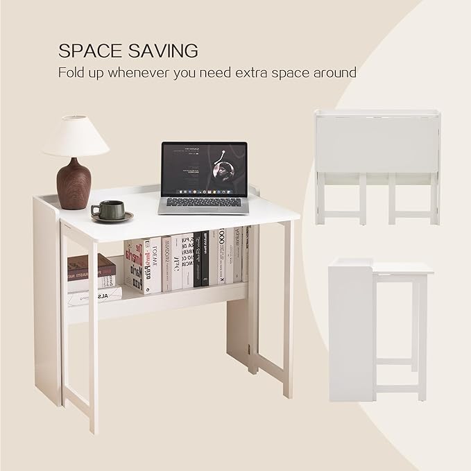 Folding Table with Storage Shelf,32.7 Inch Foldable Computer Desk for Small Spaces,Small Writing Desk for Bedroom Home Office Dorm and Apartment (White)