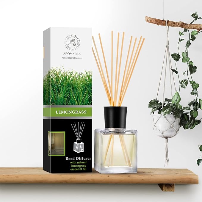 Room Fragrance Diffuser Lemongrass 6.8 Fl Oz - 200ml - with Bamboo Sticks - with Pure & Natural Lemongrass Essential Oil - Intensive Room Scent - Diffuser Gift Set