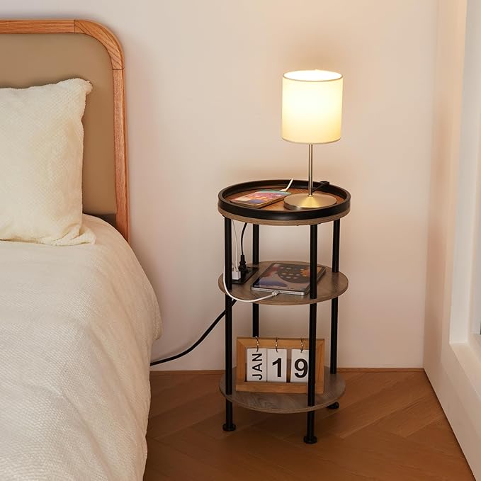 Small Round Side Table with Charging Station for Small Spaces, 3-Tier Accent Table with USB Ports & Power Outlets, Corner Tea Table Sofa Table for Living Room Nightstand Bedroom Apartment(USB,Oak)