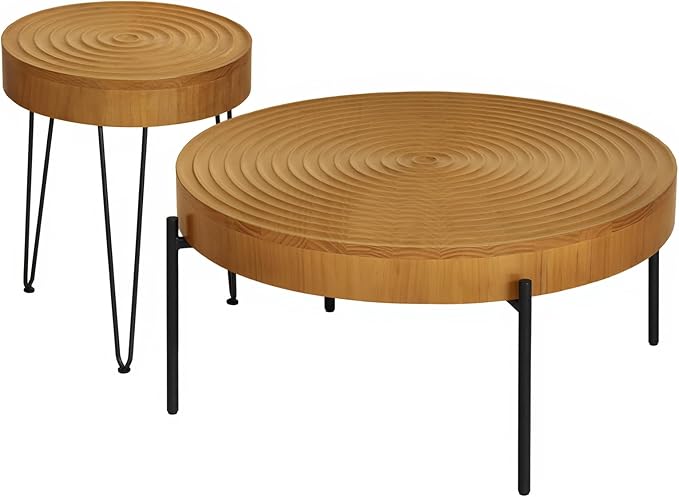 2 Piece Modern Farmhouse Living Room Coffee Table Set, Nesting Table Round Natural Finish with Handcrafted Wood Ring Motif, Wood Colour