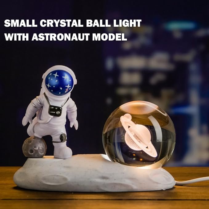 3D Astronaut Crystal Ball Night Light, 3D Inner Carved Crystal Ball Night Lamp, Glowing Crystal Ball with LED Light Base, Color Changing Light & Kids Birthday Gift (Blue, Saturn)