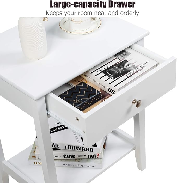 Giantex Nightstand Wooden 2-Tier Couch Sofa Side Table with Drawer, Storage Shelf, Solid Wood Legs,Mufti-Functional Home Furniture for Living Room Bedroom Study Room End Table (2, White)