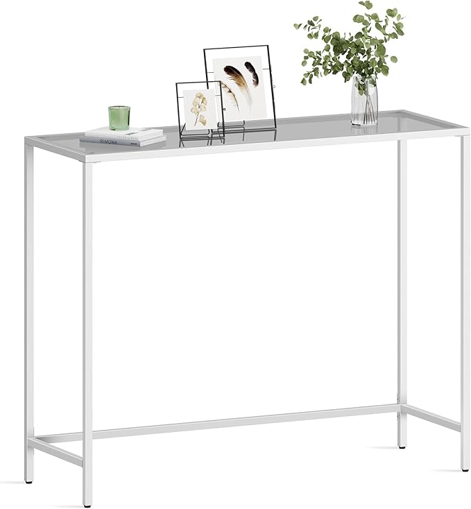 VASAGLE Entryway Table, Console Table, Tempered Glass Tabletop, Modern Sofa Table, Easy Assembly, with Adjustable Feet, for Living Room, Entryway, Pearl White and Slate Gray ULGT026W01